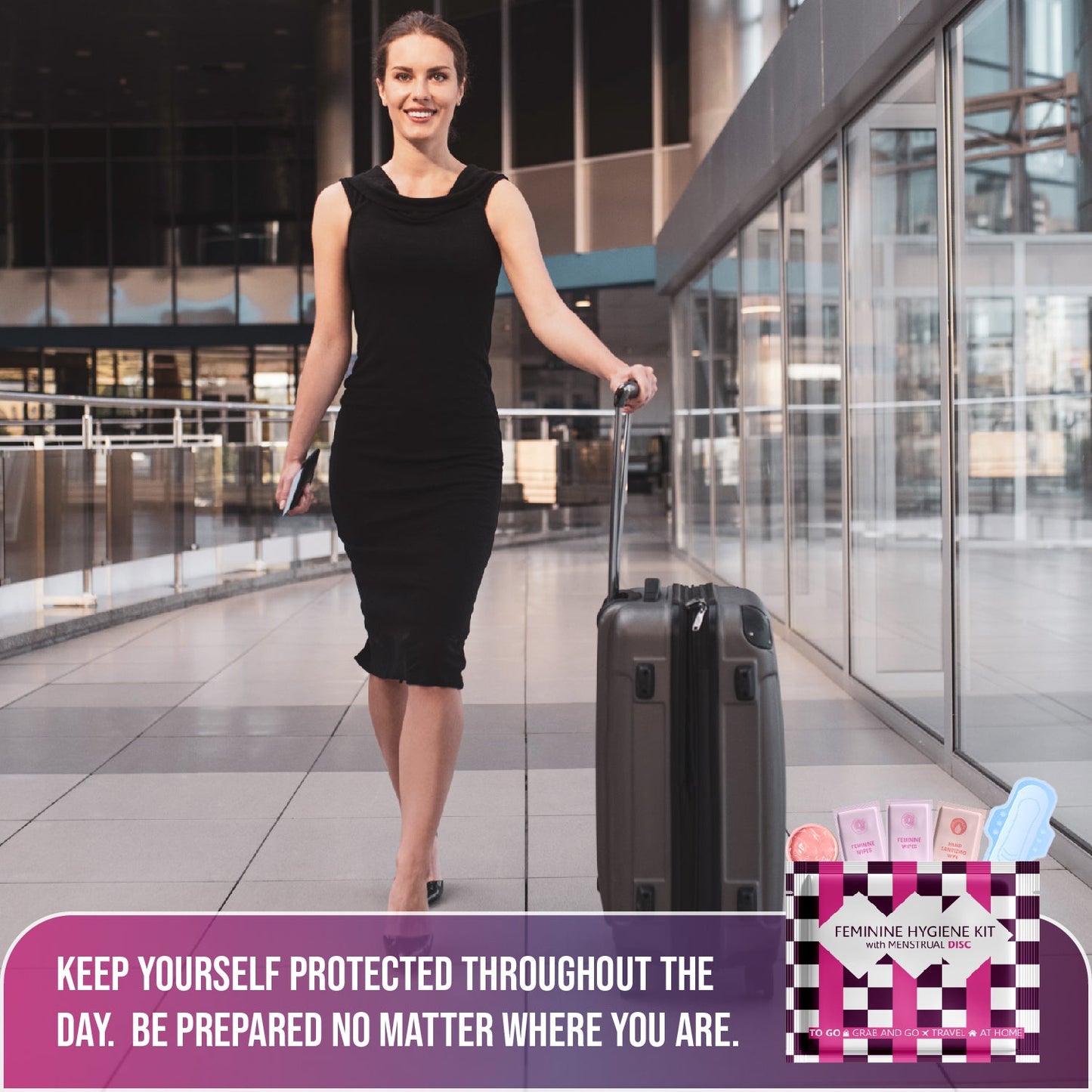 Menstrual Disc Kit with Pad, Wipes & Hand Sanitizer – Compact Period Essentials On the Go (Purple Checkers)