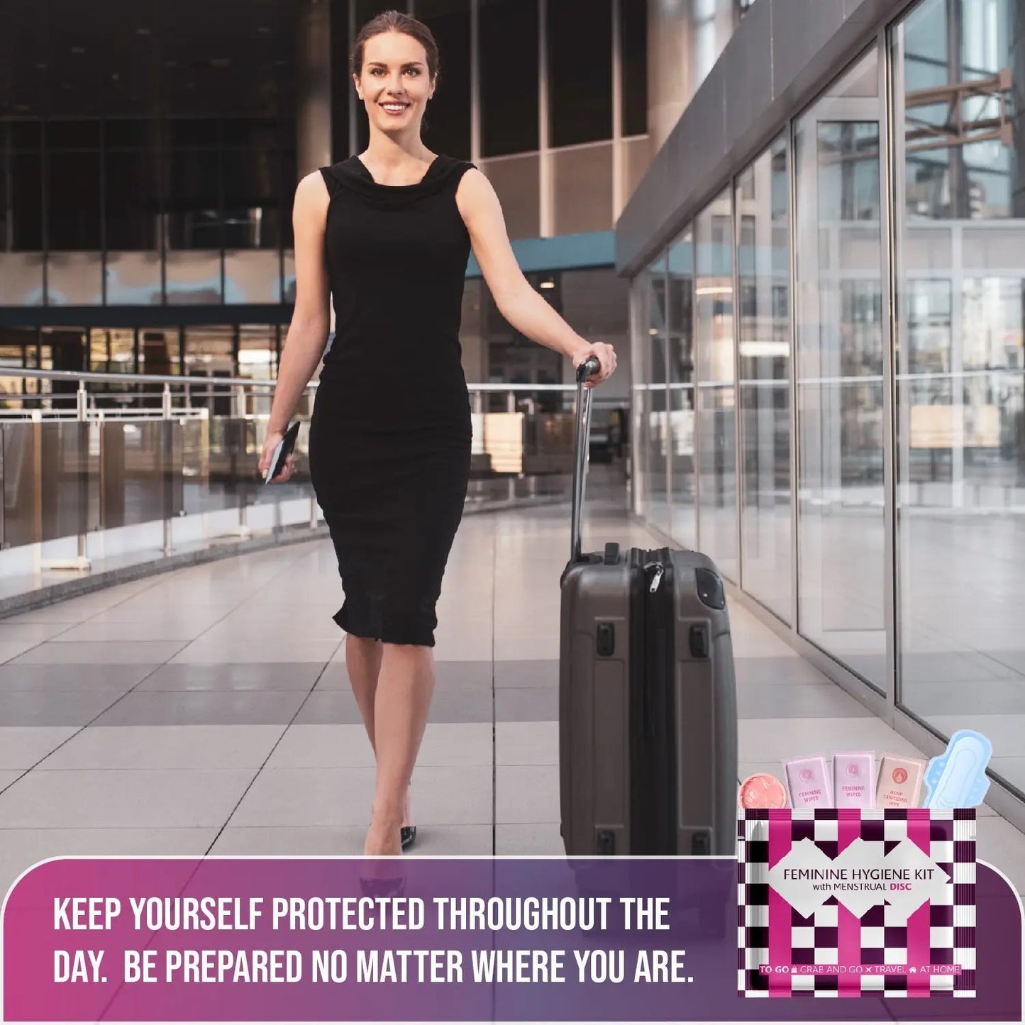 Traveler walking with luggage and Menstrual Disc Kit, promoting discreet period protection while on the go.