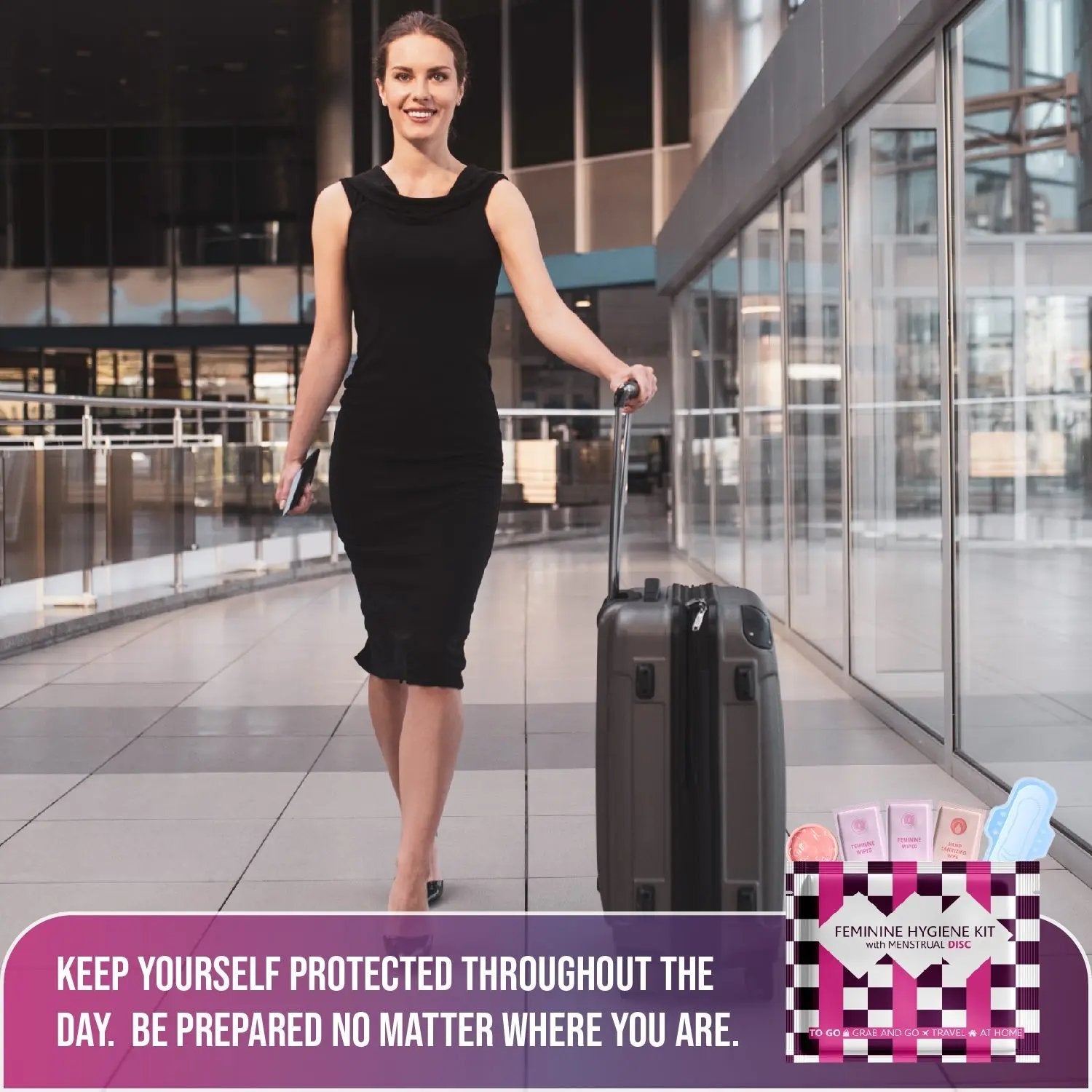 Traveler walking with luggage and Menstrual Disc Kit, promoting discreet period protection while on the go.