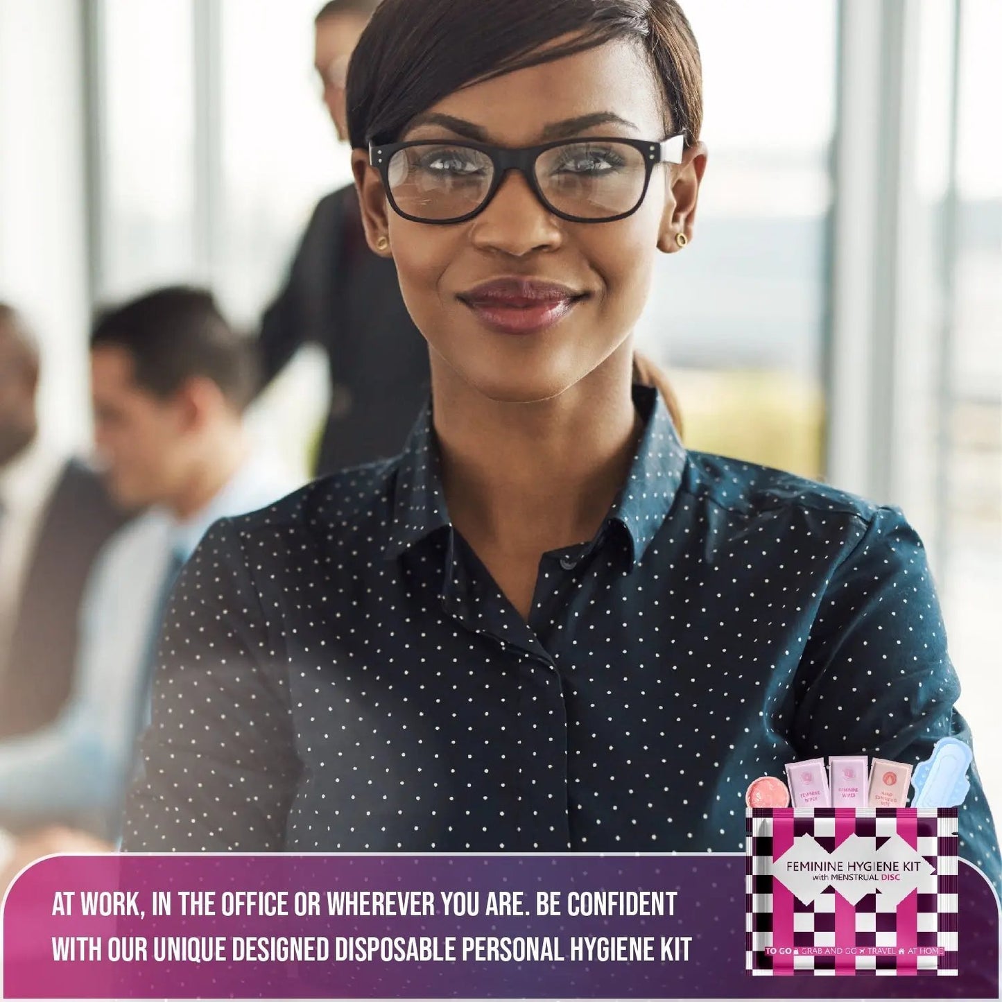 Professional woman smiling confidently with Menstrual Disc Kit, symbolizing clean, reliable period care at work.