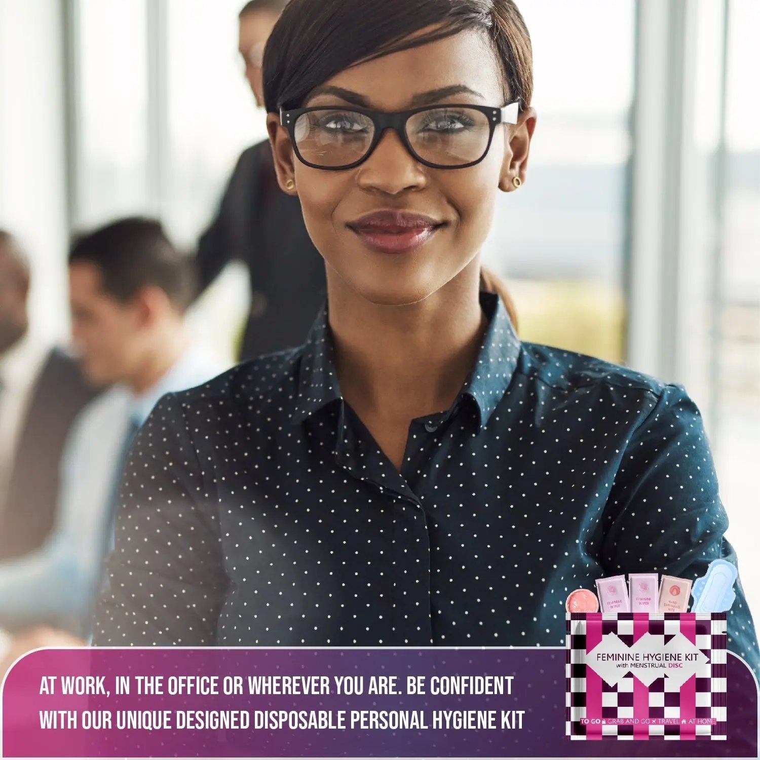 Professional woman smiling confidently with Menstrual Disc Kit, symbolizing clean, reliable period care at work.