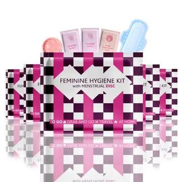 Five Menstrual Disc Kit packages with bold purple checkered design labeled Feminine Hygiene Kit with Menstrual Disc.