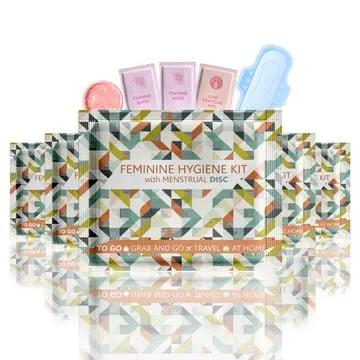 Five Feminine Hygiene Kits with Menstrual Disc in an individual, grab and go travel packet.