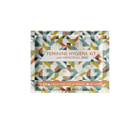 Feminine Hygiene Kit with Menstrual Disc in an individual, grab and go travel packet.