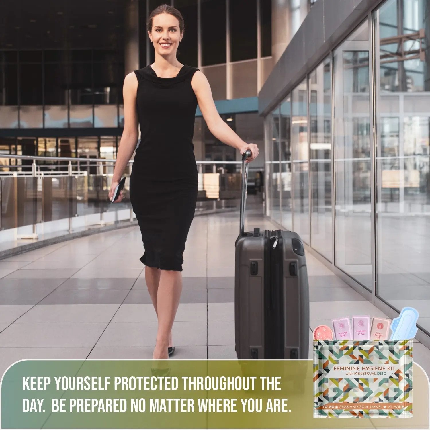 Business traveler prepared with the discreet period protection kit for travel and all-day confidence.