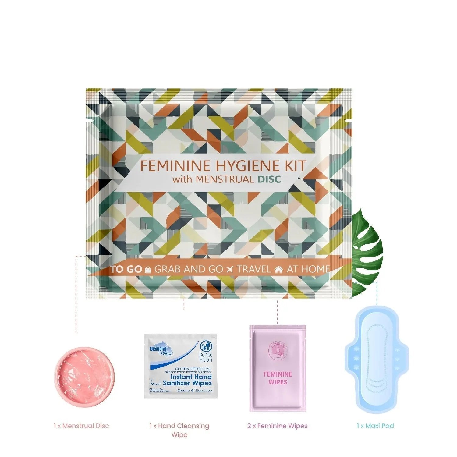 Exploded view of the all-in-one feminine hygiene kit showing the menstrual disc, instant sanitizer wipe, feminine wipes, and maxi pad