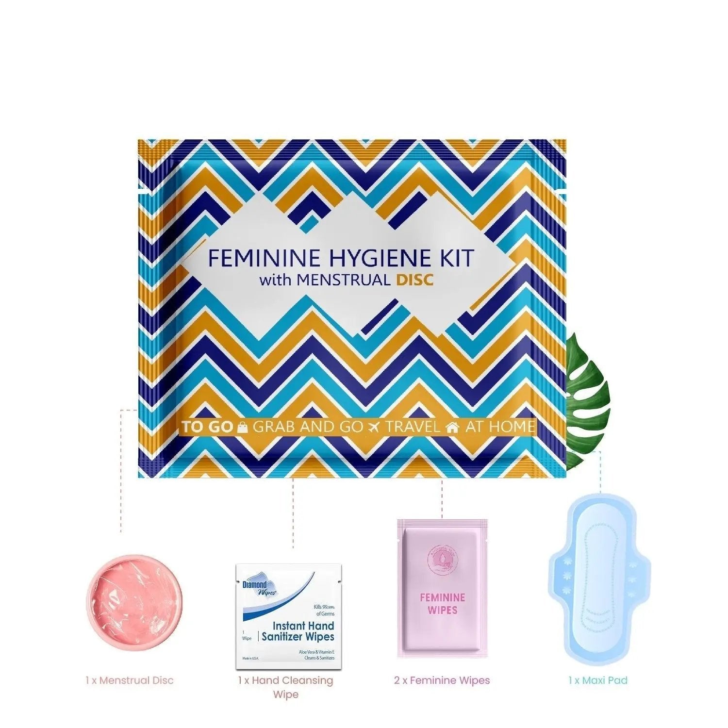 Contents of the Menstrual Disc Kit shown—menstrual disc, sanitary pad, feminine wipes, and alcohol hand wipe.