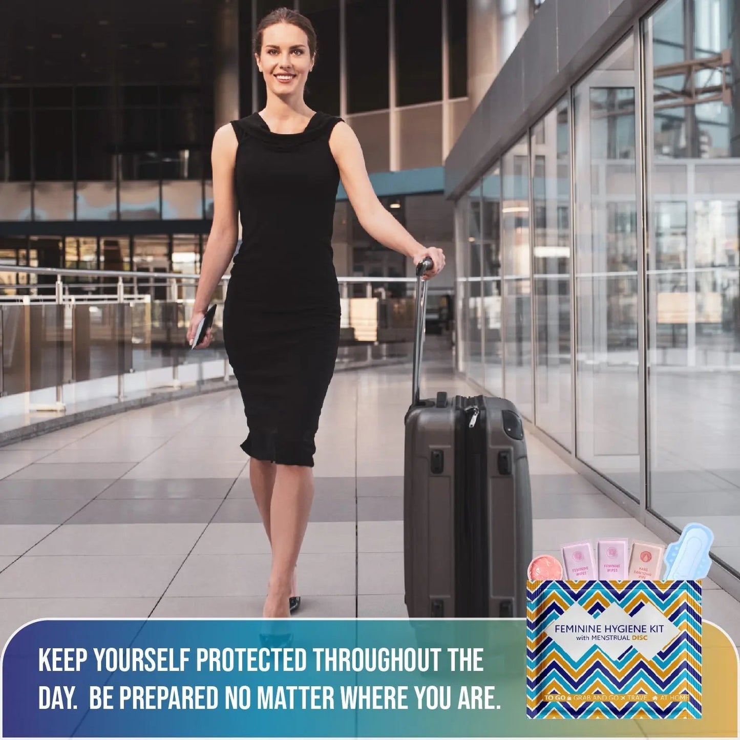 Traveler walking with luggage and Menstrual Disc Kit, promoting discreet period protection while on the go.