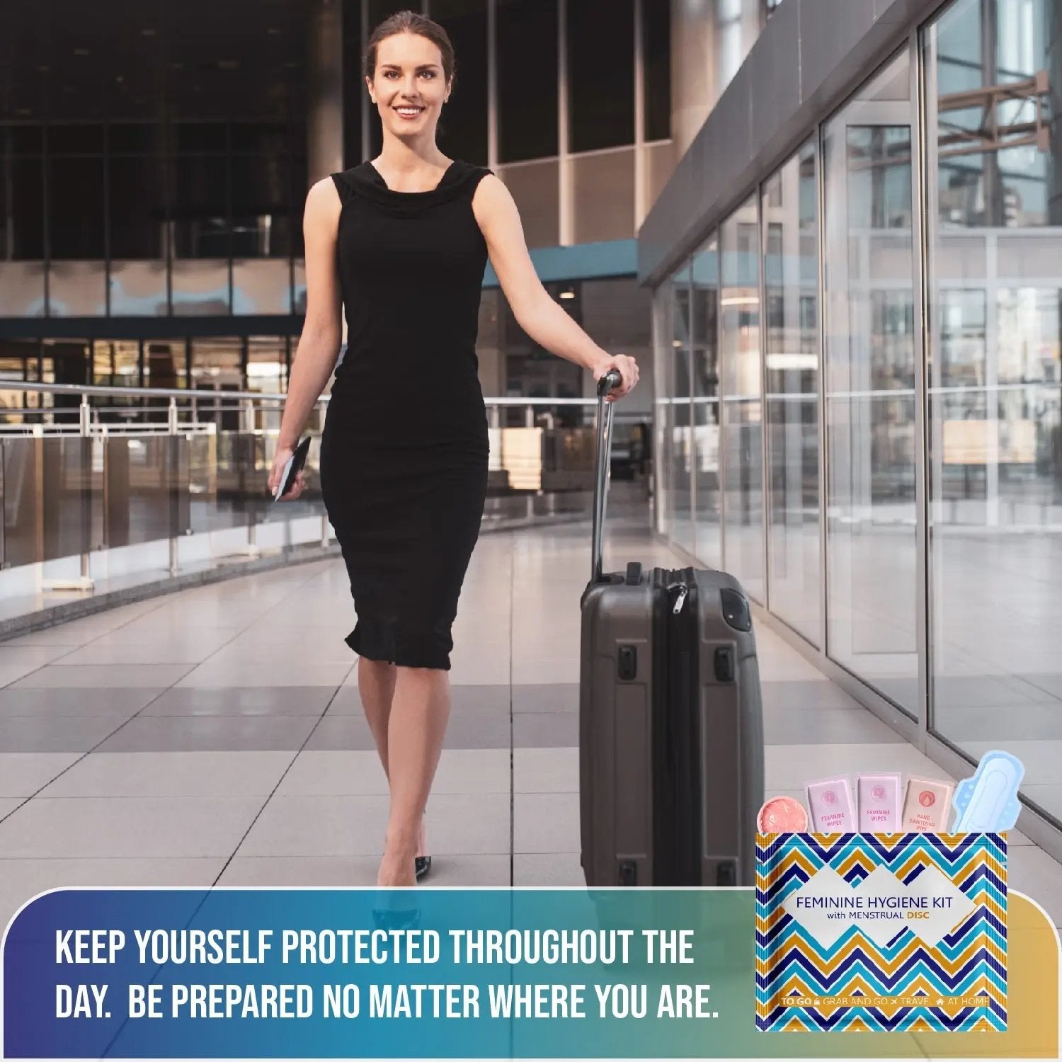 Traveler walking with luggage and Menstrual Disc Kit, promoting discreet period protection while on the go.