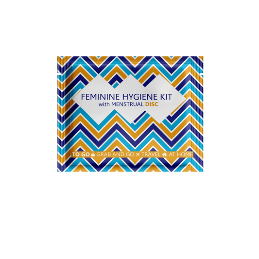 Menstrual Disc Kit packages with bold purple checkered design labeled Feminine Hygiene Kit with Menstrual Disc.