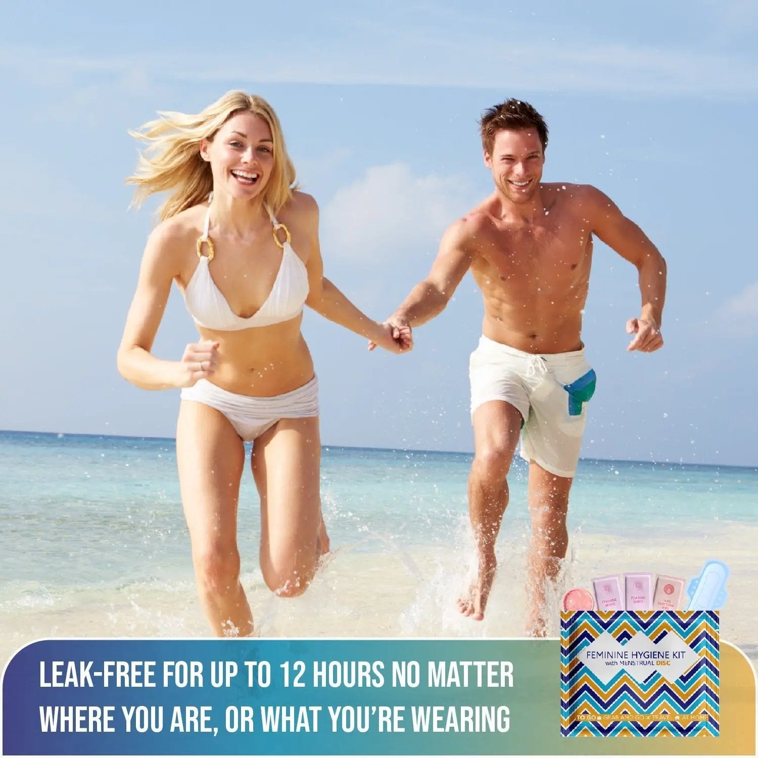 Couple running on beach with Menstrual Disc Kit displayed, promoting 12-hour leak-free period protection.