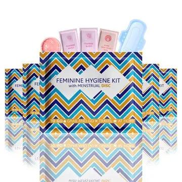 Five Menstrual Disc Kit packages with bold purple checkered design labeled Feminine Hygiene Kit with Menstrual Disc.