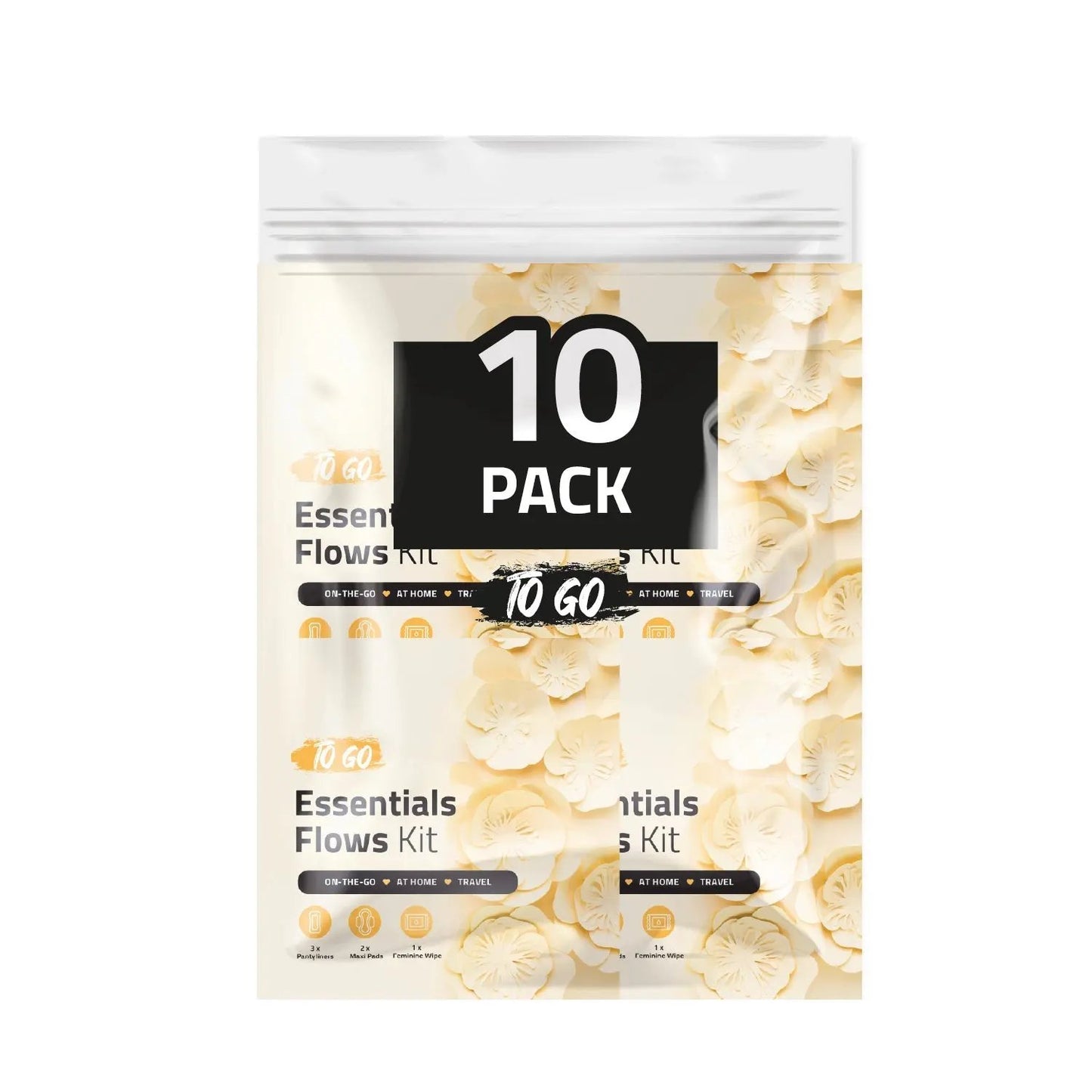 Ten Orange Essential Flows Kits featuring feminine hygiene essentials for on-the-go, at home, or travel use.