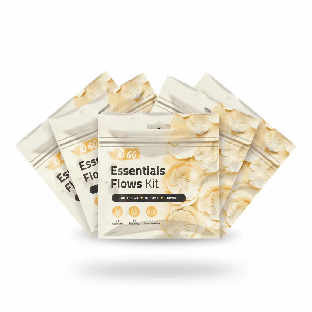 Five Orange Essential Flows Kits featuring feminine hygiene essentials for on-the-go, at home, or travel use.