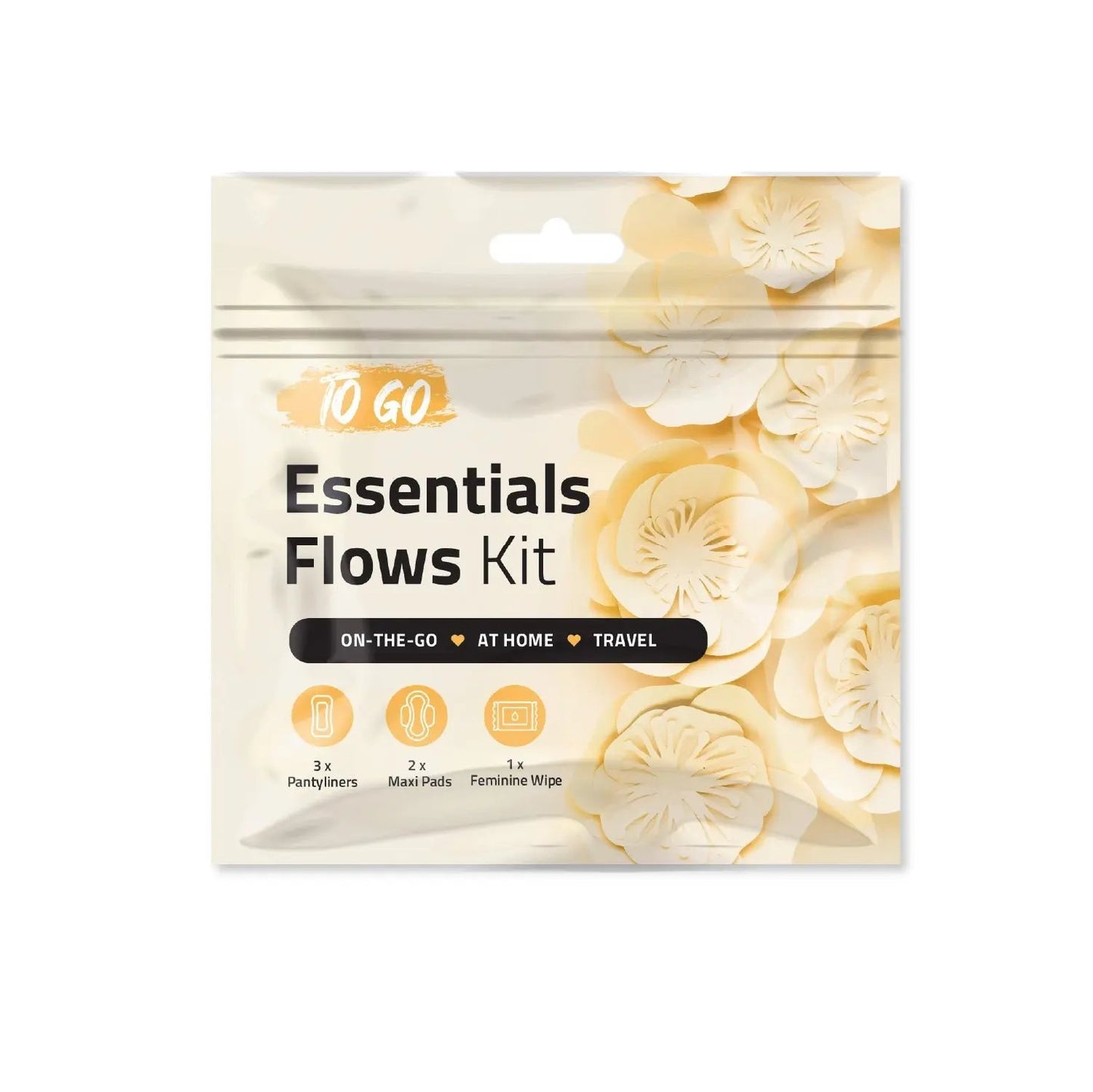 Orange Essential Flows Kit featuring feminine hygiene essentials for on-the-go, at home, or travel use.