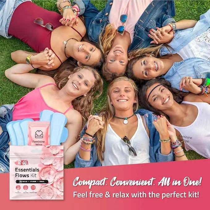 Friends relaxing outdoors with the Orange Essential Flows Kit, emphasizing comfort and convenience.