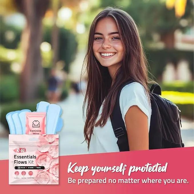 Teen girl smiling with backpack and Orange Essential Flows Kit, highlighting portable menstrual care.