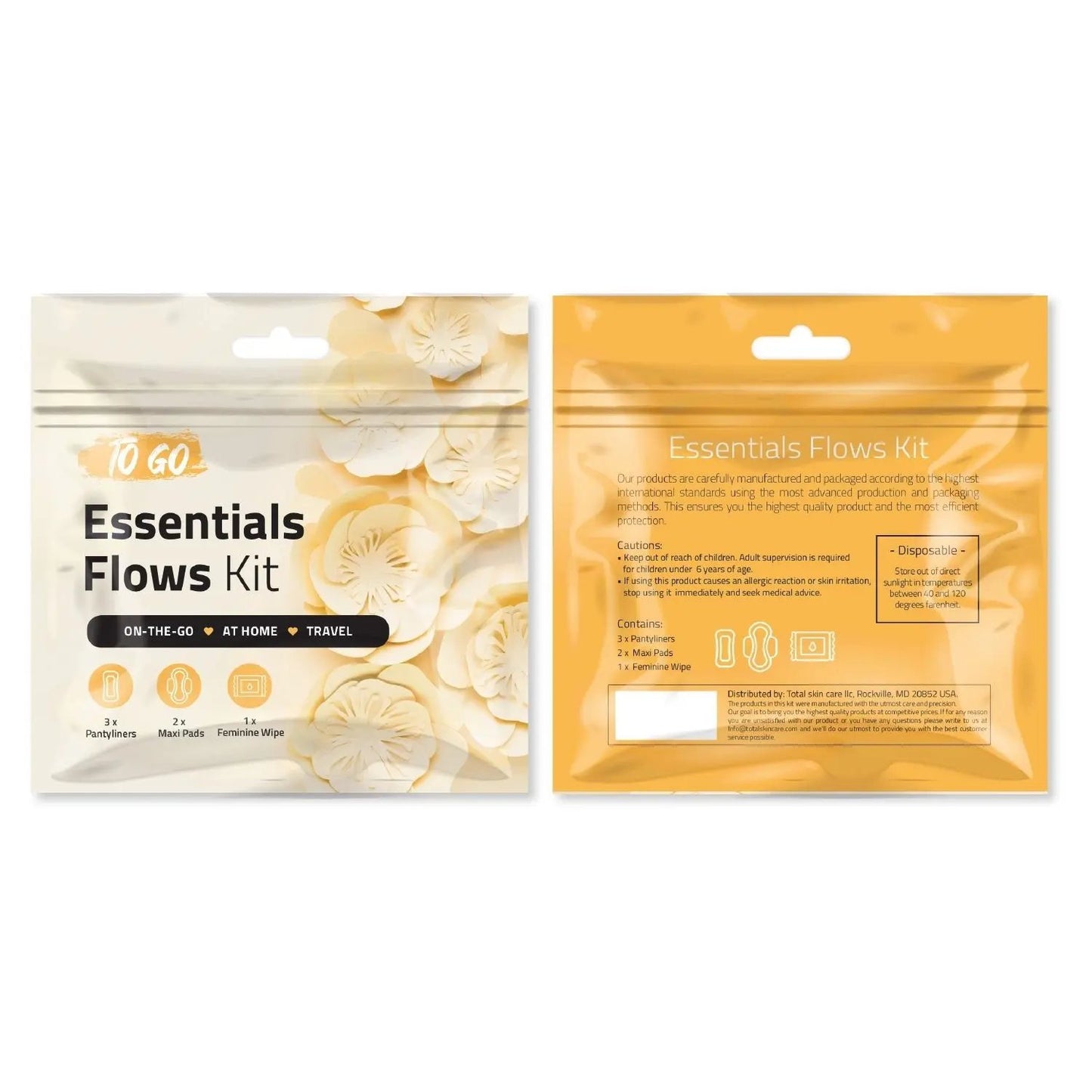 Front and back view of the Essential Flows Kit in orange packaging, showing product details, usage instructions, and included items — 3 pantyliners, 2 maxi pads, and 1 feminine wipe — designed for travel, home, and on-the-go feminine hygiene.