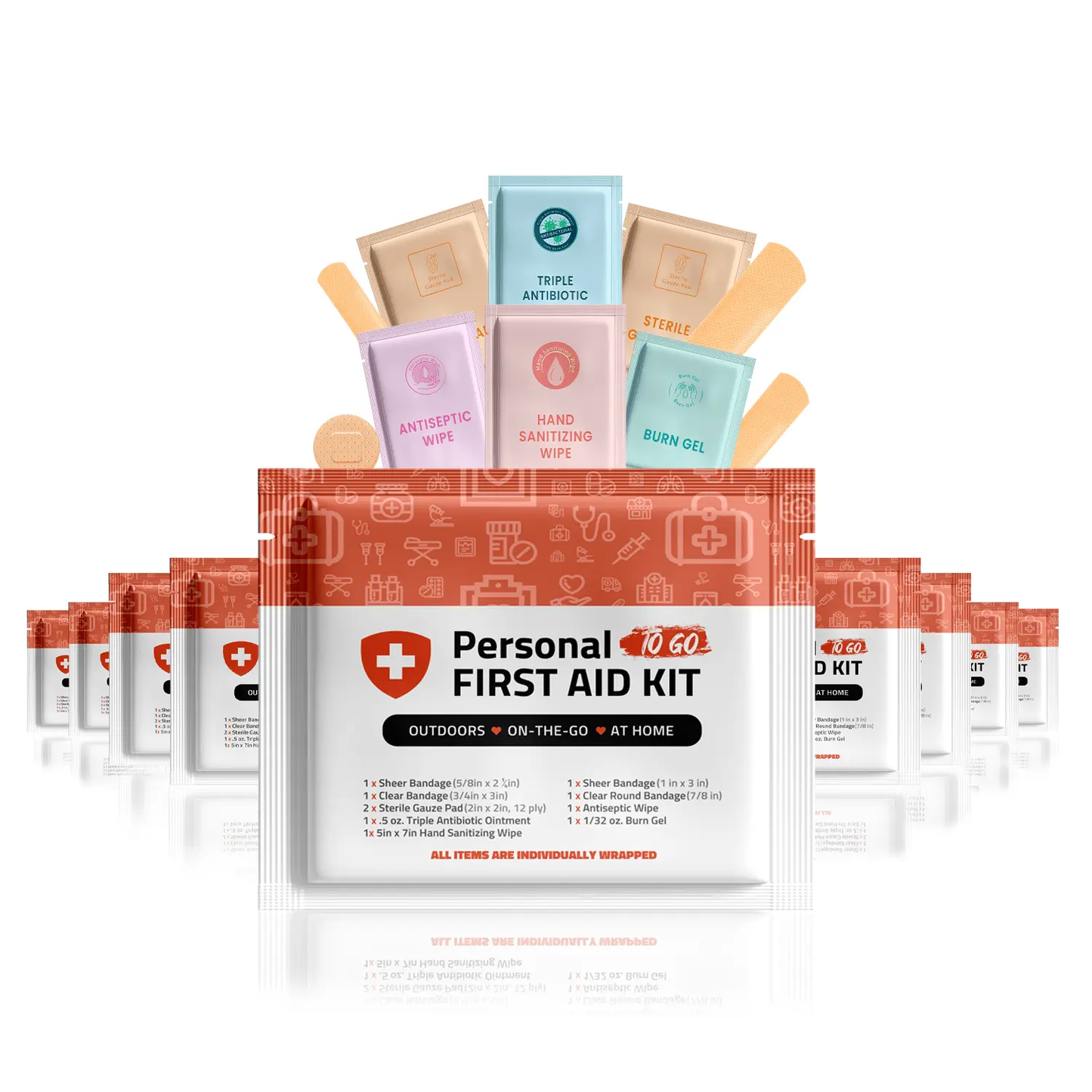 Ten Compact Orange Mini First Aid Kits with essential first aid supplies for on-the-go, outdoor, and home use.