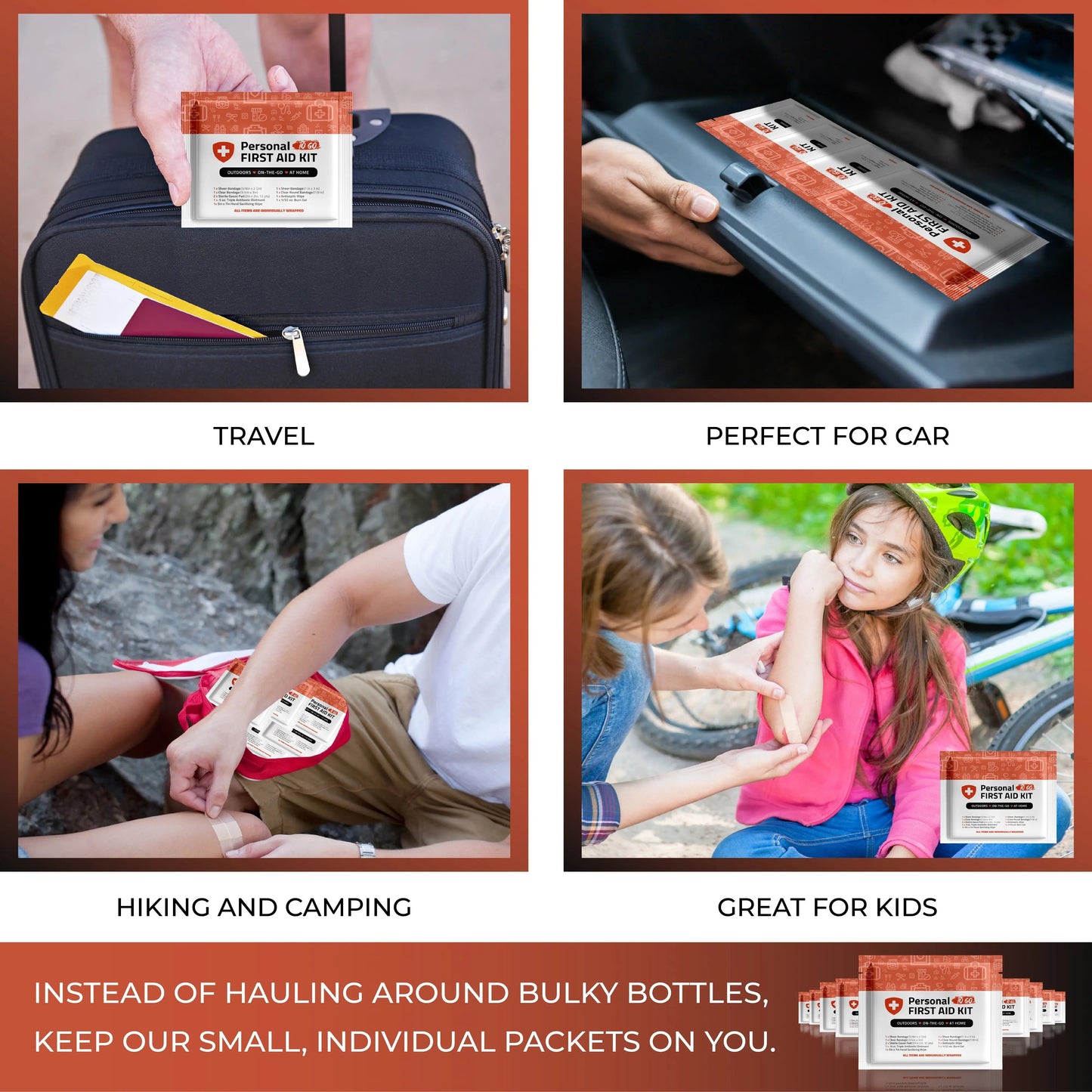 Orange Mini First Aid Kit shown for travel, car, camping, and kids—compact, portable, and convenient for on-the-go first aid needs.