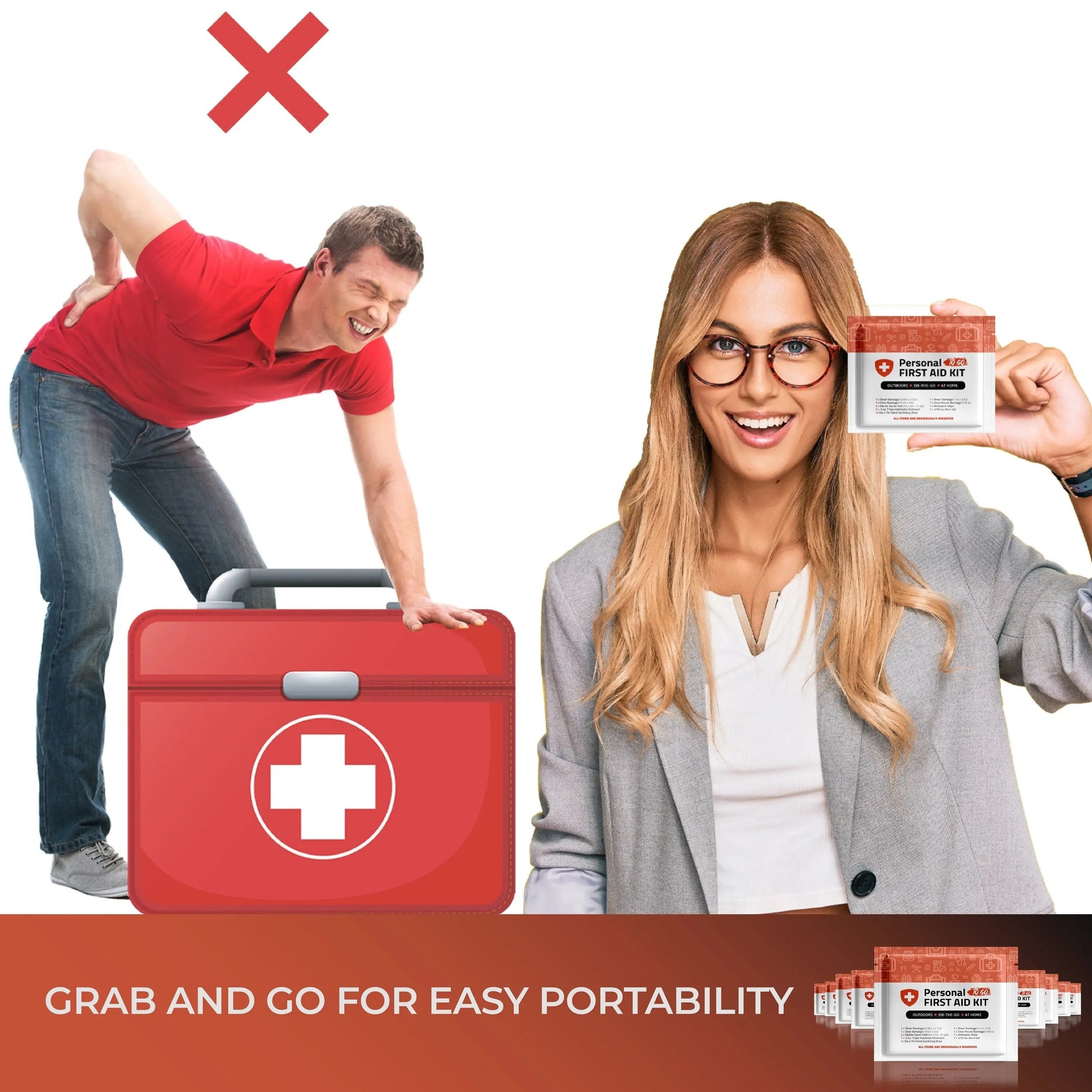 Comparison image showing the portability and compact design of the Orange Mini First Aid Kit for easy grab-and-go use.