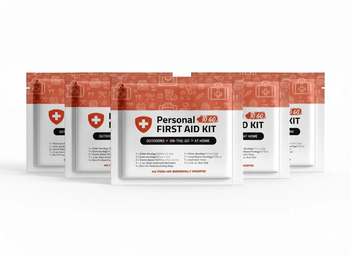 Five Compact Orange Mini First Aid Kits with essential first aid supplies for on-the-go, outdoor, and home use.