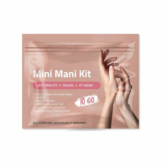 Front view of Peach Mini Manicure Kit To Go featuring soft peach packaging and elegant hand design — includes essential nail tools for travel or at-home grooming.