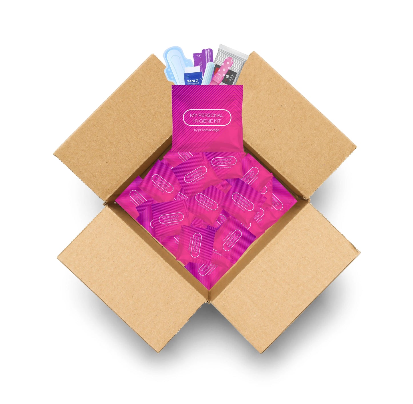 Case of Feminine Hygiene Kit package with pink design containing period care essentials.