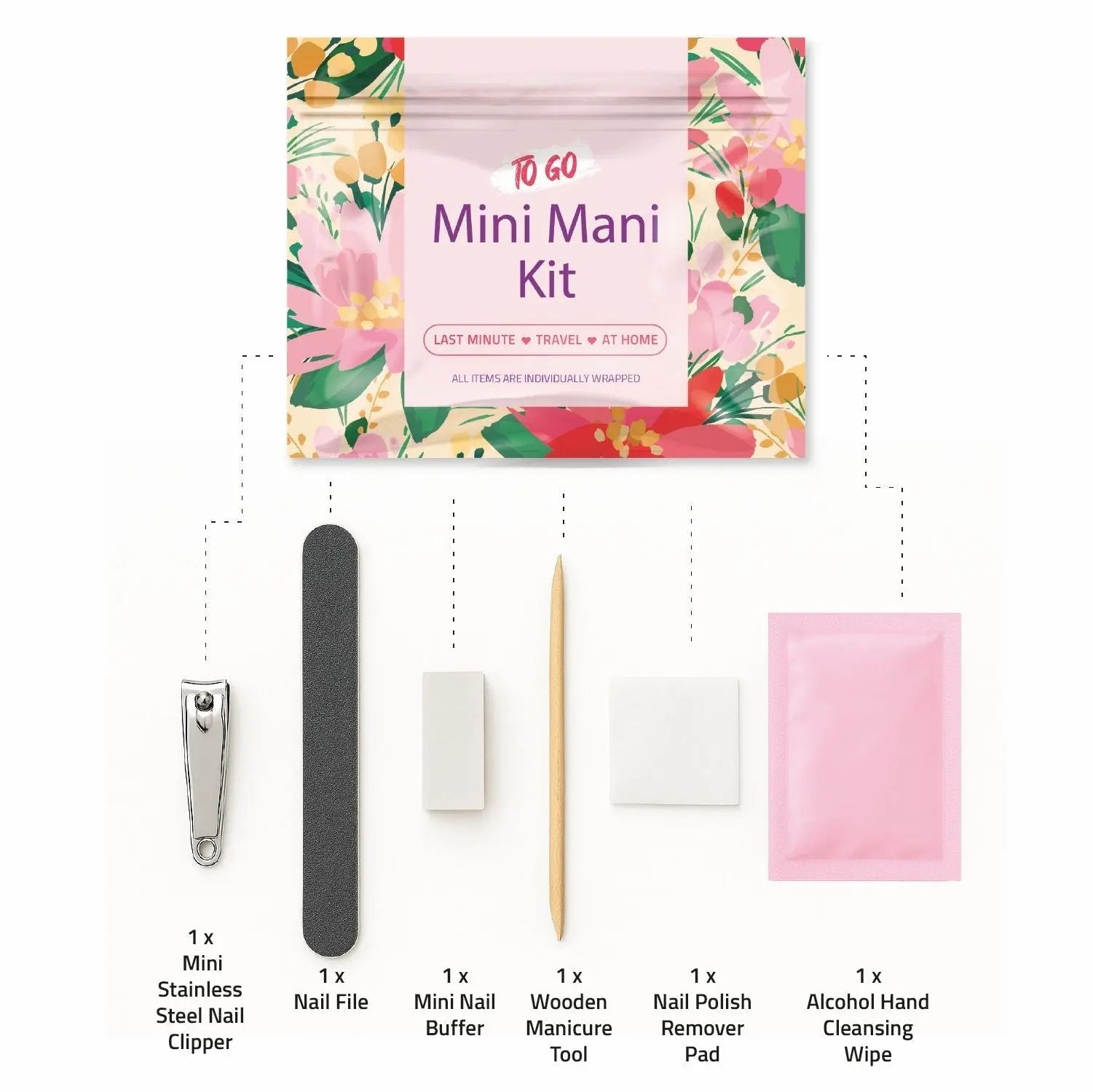 Open Pink Flowers Mini Manicure Kit with all items displayed — nail clipper, file, buffer, wooden manicure tool, remover pad, and cleansing wipe, each individually wrapped.