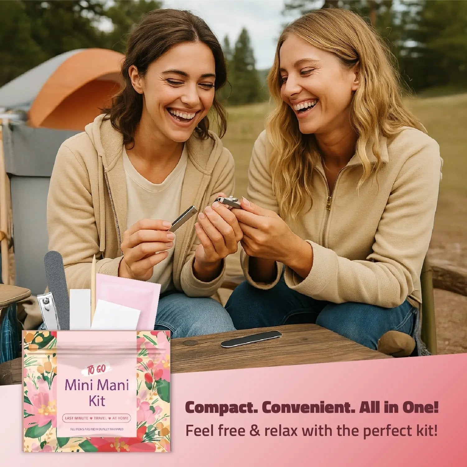Two women smiling outdoors while using the Pink Flowers Mini Manicure Kit — compact and convenient nail care for travel and everyday touch-ups.