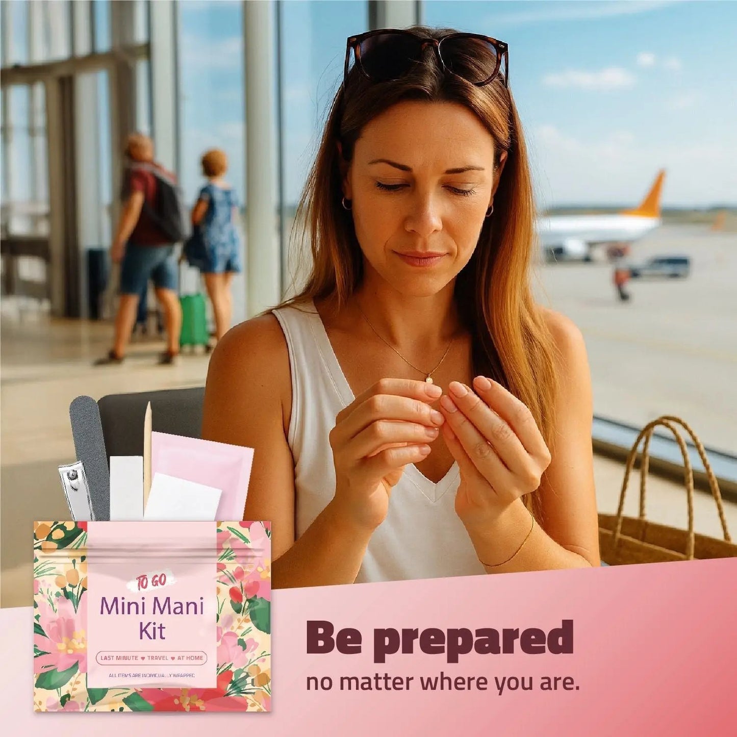 Woman sitting at an airport using the Pink Flowers Mini Manicure Kit — compact, floral nail care set for travelers and busy lifestyles.