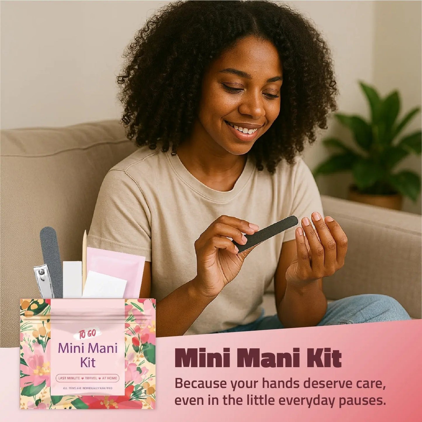 Woman at home filing her nails with the Pink Flowers Mini Manicure Kit — a relaxing, floral-themed nail care moment anytime, anywhere.