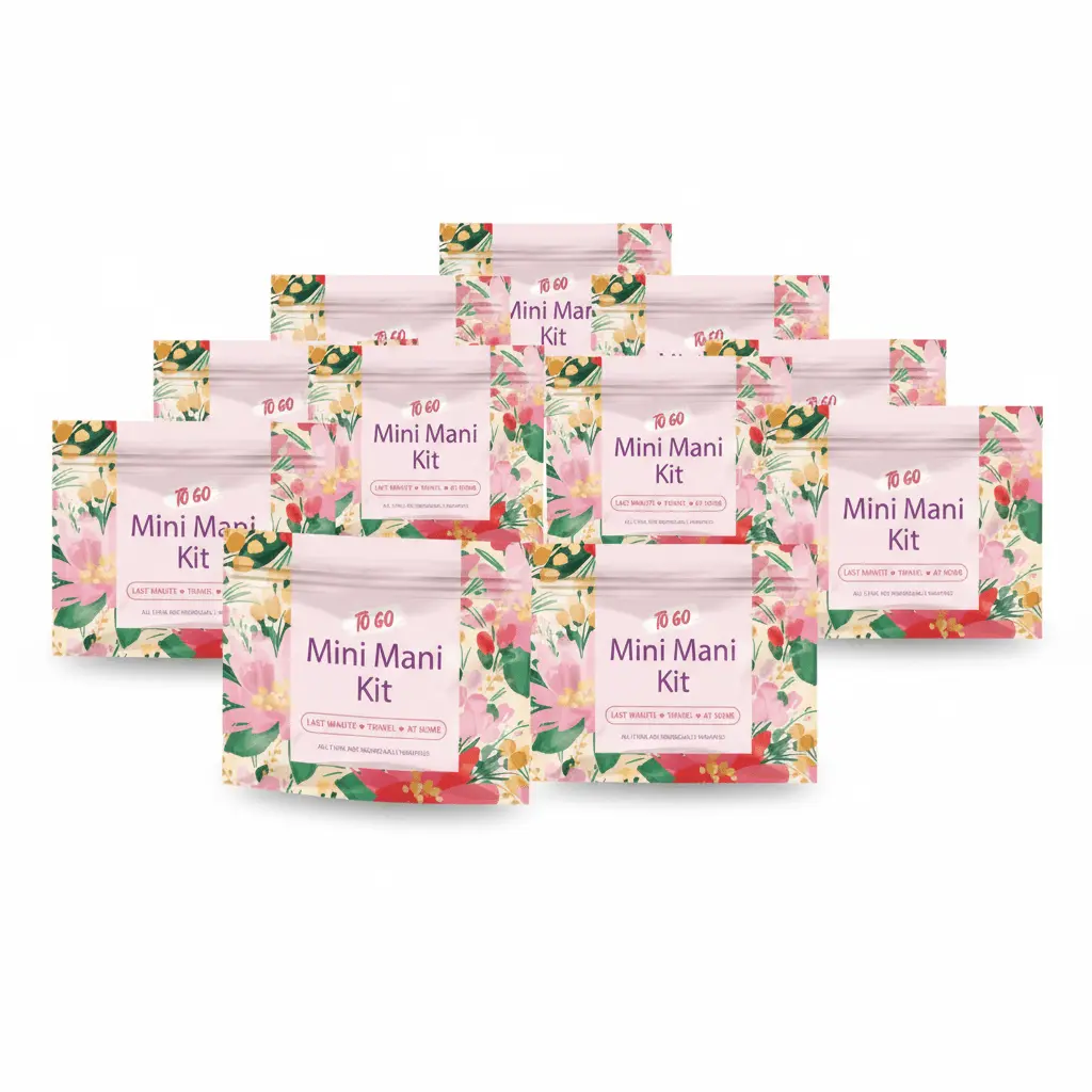 10-pack retail bag of Pink Flowers Mini Manicure Kits — individually wrapped floral sets arranged for convenient resale and travel use.