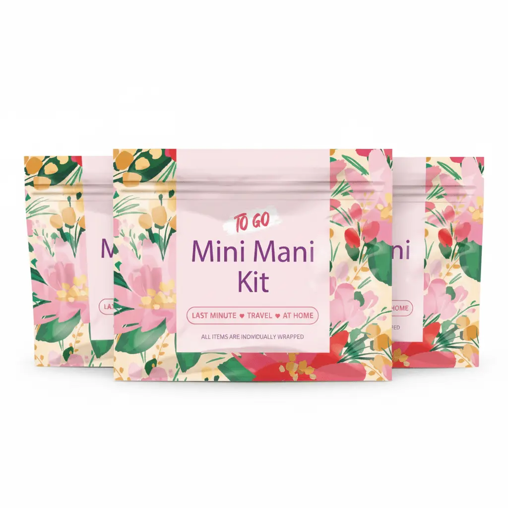 Set of three Pink Flowers Mini Manicure Kits arranged side by side — compact, floral nail care kits perfect for travel, gifting, or event use.