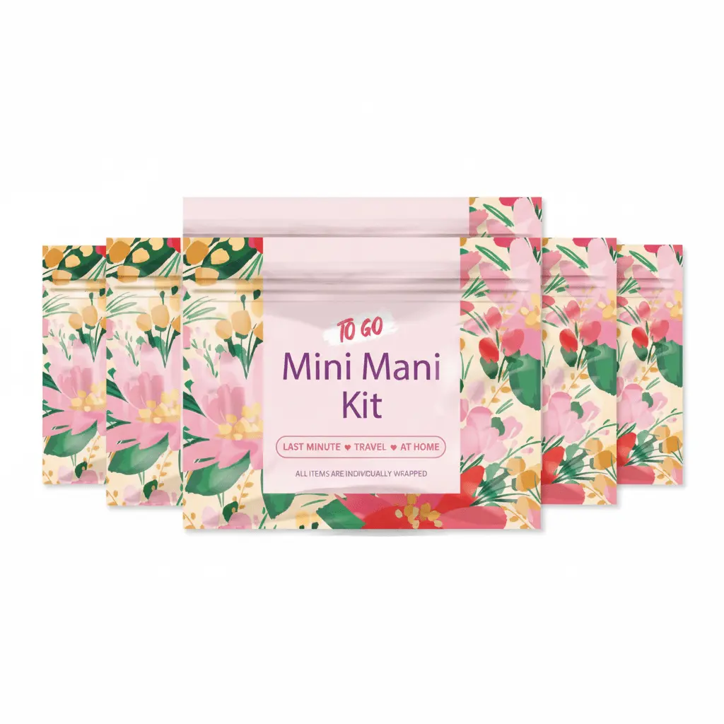 Five-pack of Pink Flowers Mini Manicure Kits showing coordinated floral pink design — great for multi-use, bridal gifts, or retail bundles.