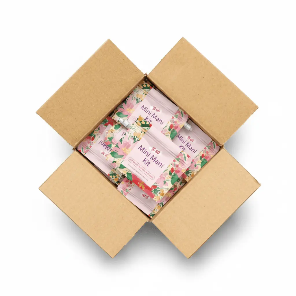 Bulk shipping box filled with Pink Flowers Mini Manicure Kits neatly arranged — ideal for wholesale or large event packaging.