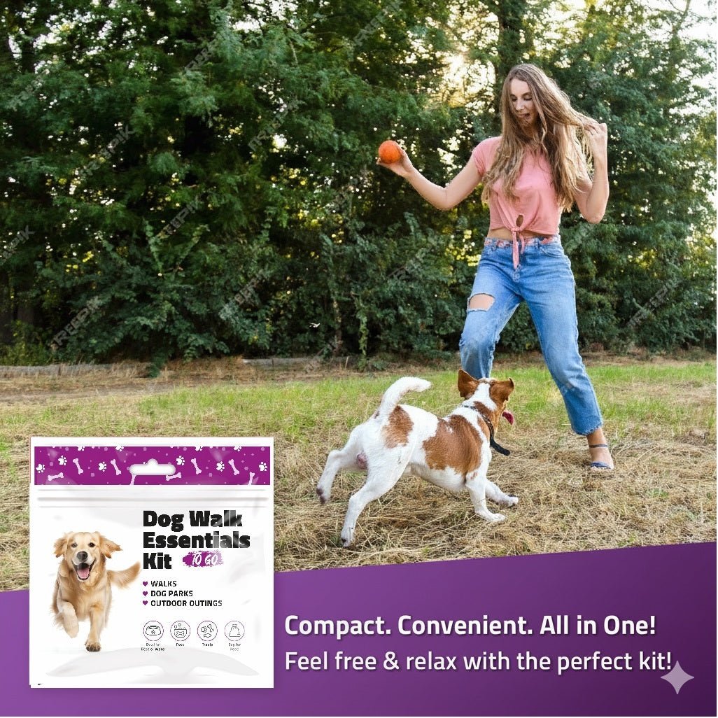 Woman playing fetch with her dog using Purple Dog Walking Kit for outdoor adventures
