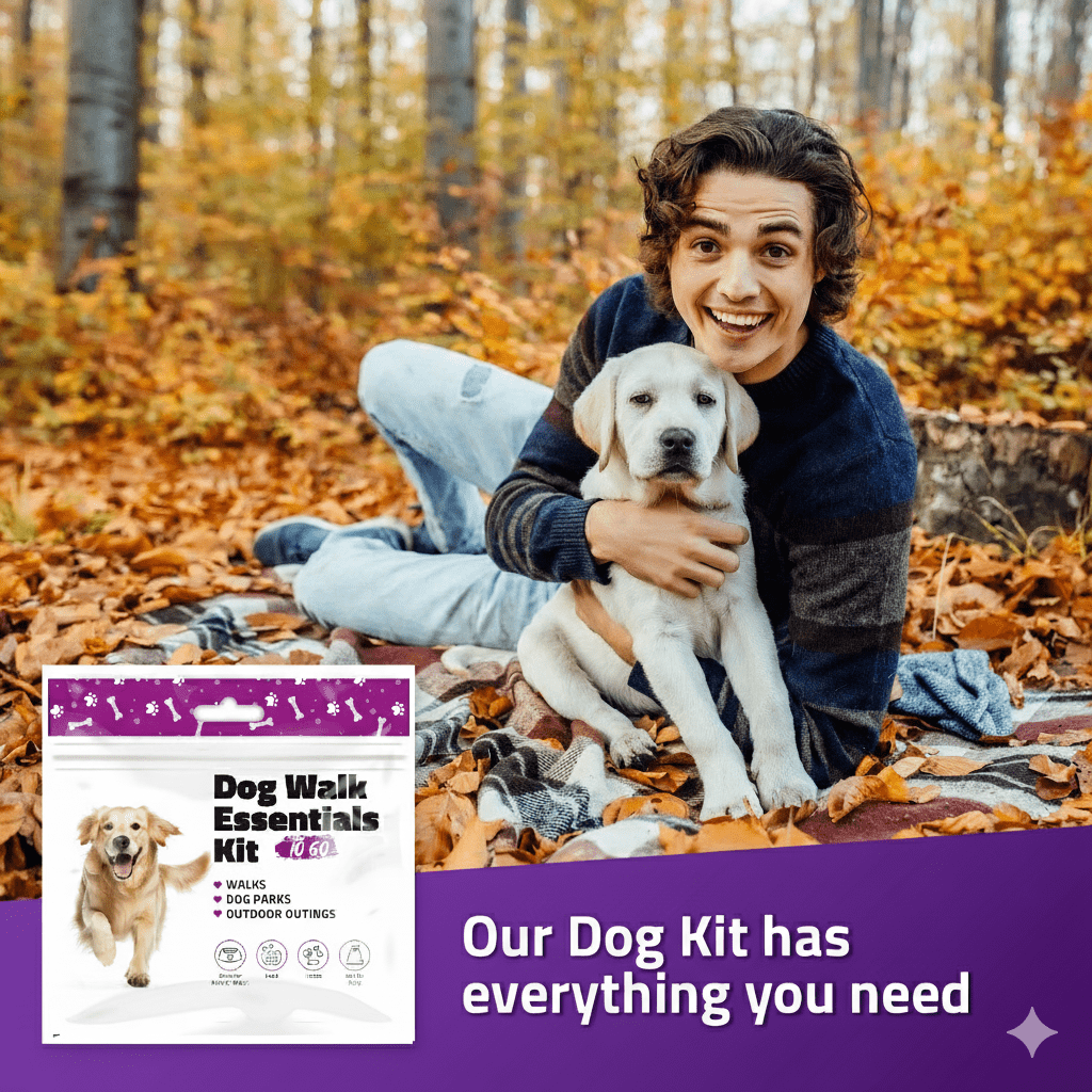 Person relaxing with dog using Purple Dog Walking Kit for easy walks and outings
