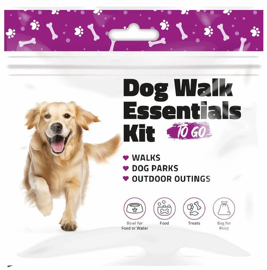 Purple Dog Walking Kit packaging with dog illustration and travel-friendly design