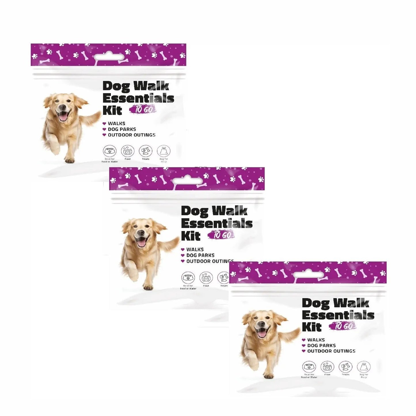 Three Purple Dog Walking Kit packaging with dog illustration and travel-friendly design