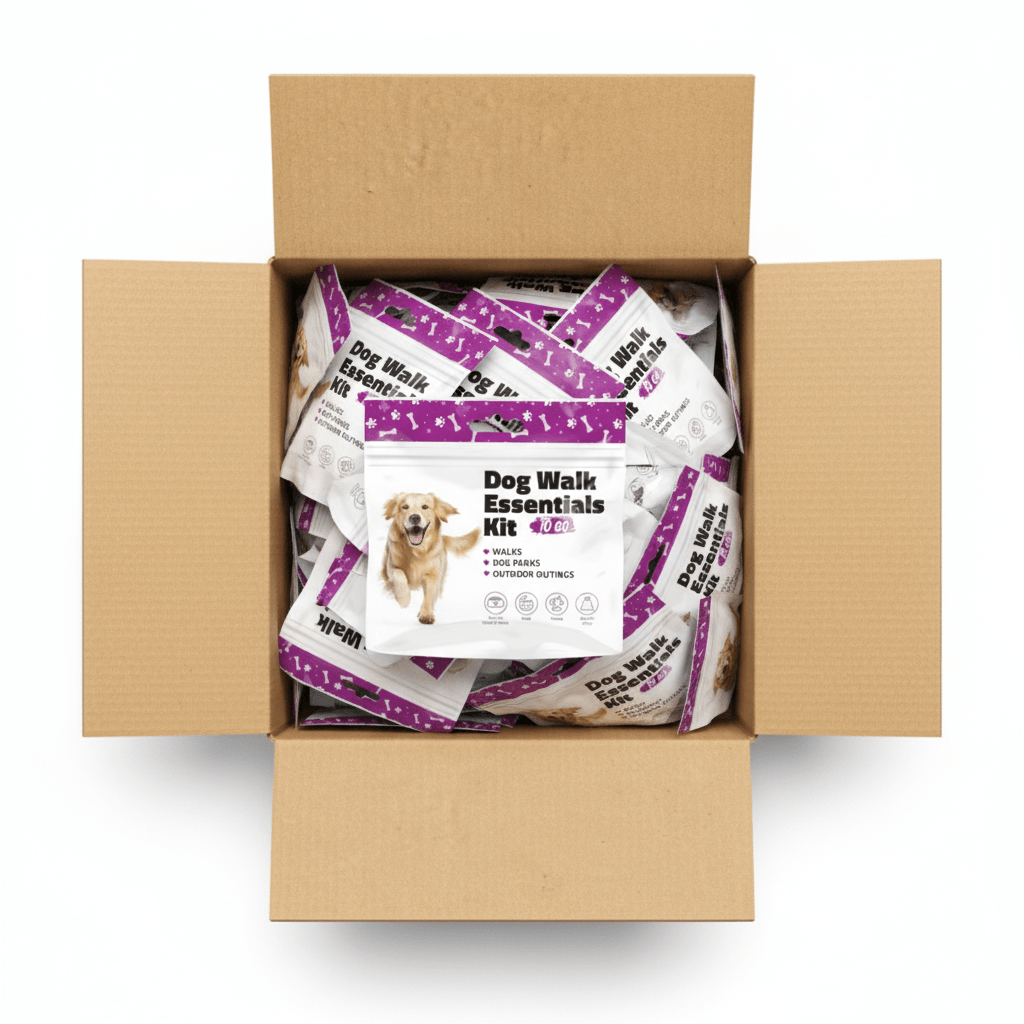 Case of Purple Dog Walking Kit packaging with dog illustration and travel-friendly design