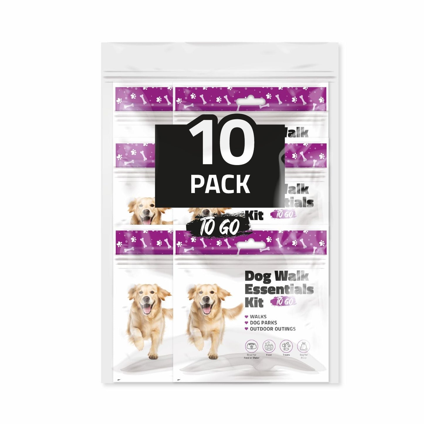 Ten Purple Dog Walking Kit packaging with dog illustration and travel-friendly design