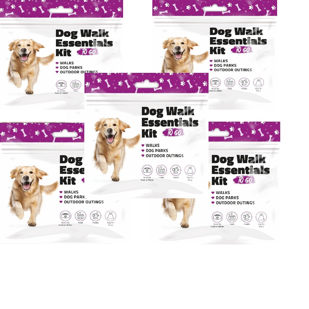 Five Purple Dog Walking Kit packaging with dog illustration and travel-friendly design