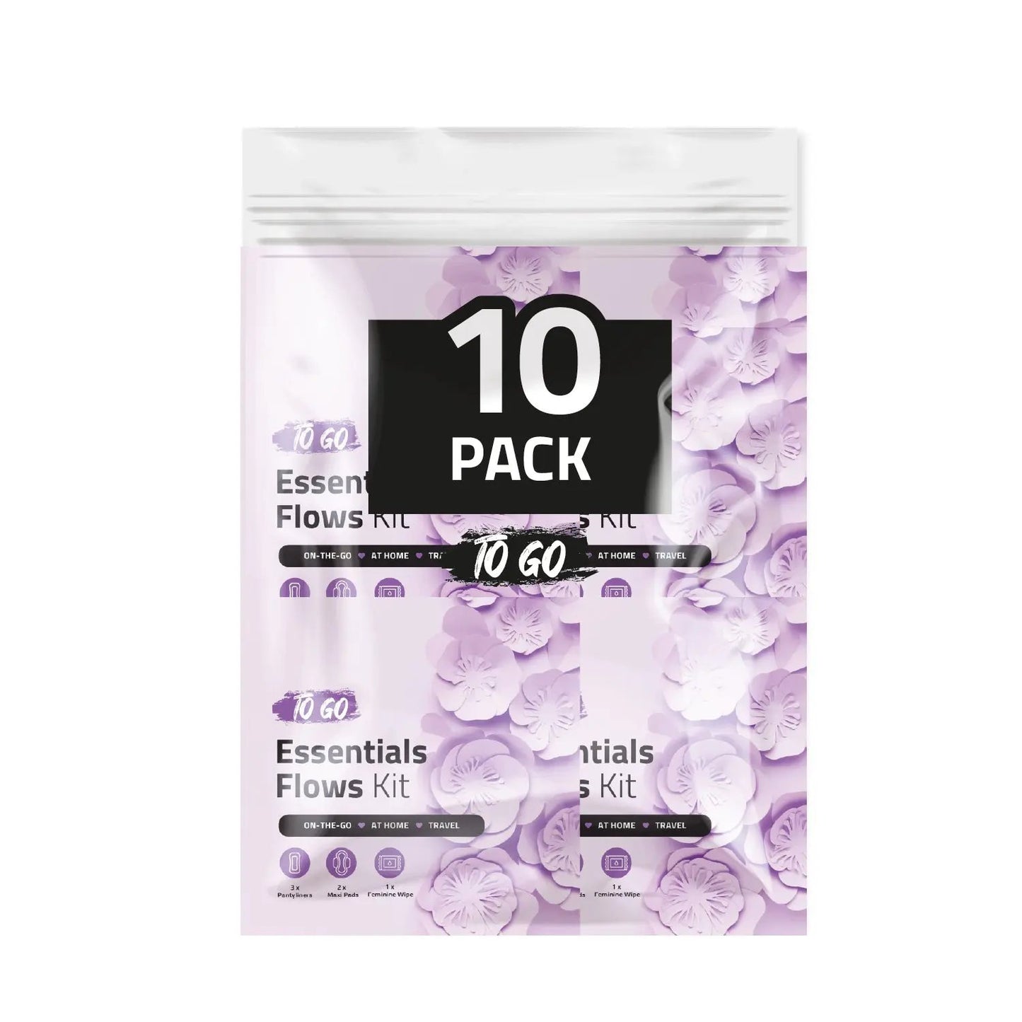 Ten Purple Essential Flows Kits featuring feminine hygiene essentials for on-the-go, at home, or travel use.