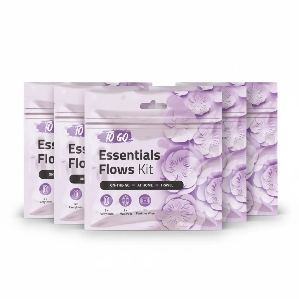 Five Purple Essential Flows Kits featuring feminine hygiene essentials for on-the-go, at home, or travel use.