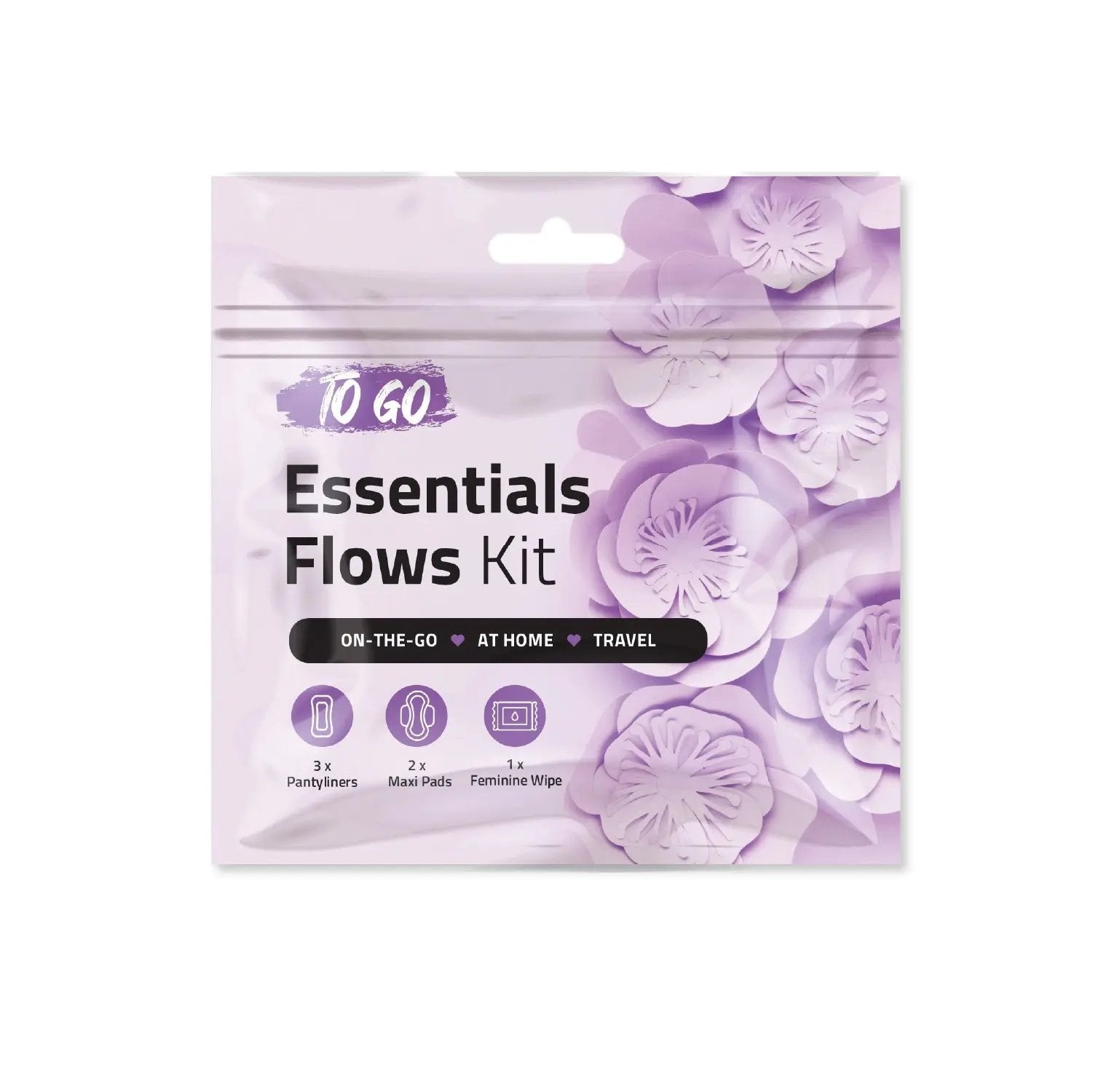 Purple Essential Flows Kit featuring feminine hygiene essentials for on-the-go, at home, or travel use.