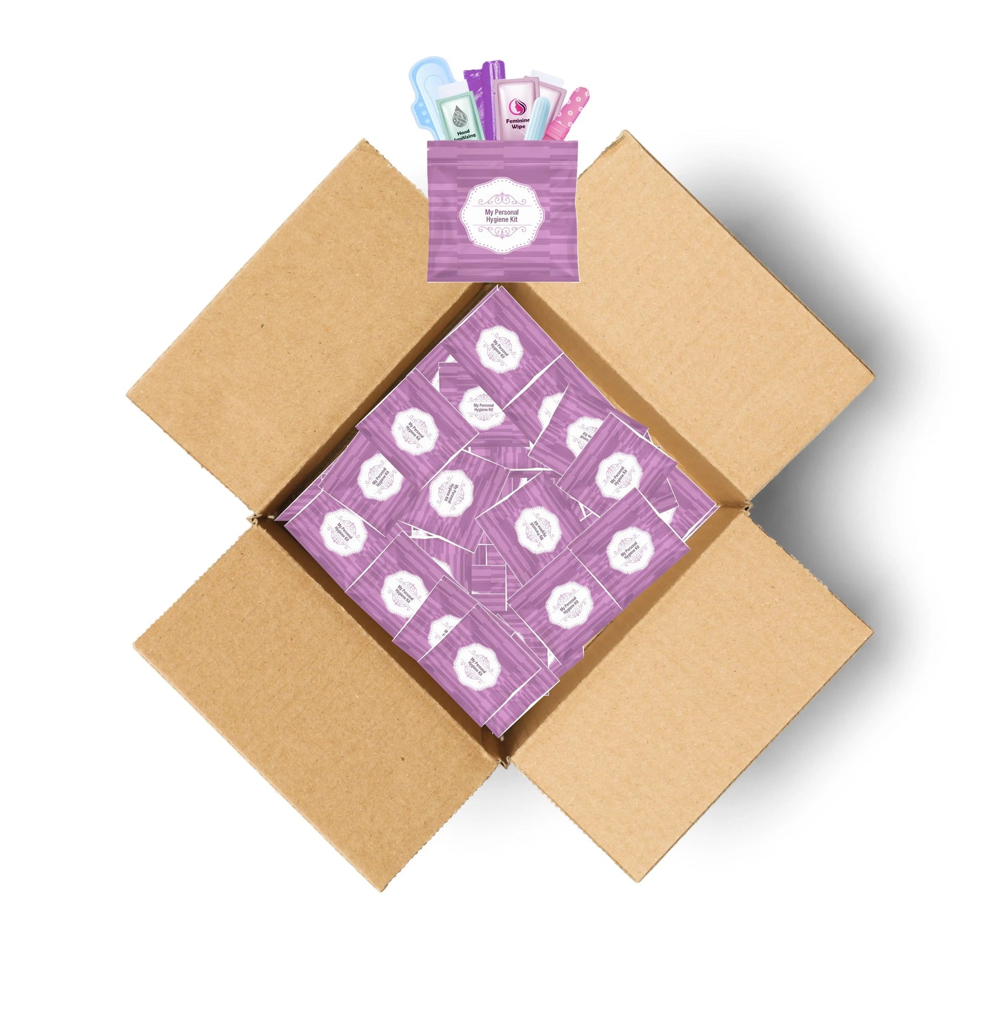 Case of Purple Feminine Hygiene Kits with pad, tampon, feminine wipes, and hand sanitizing wipe in resealable pouch