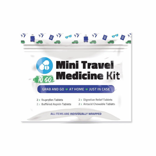 Front view of Purple Mini Travel Medicine Kit To Go showing compact packaging design with travel-themed icons — includes ibuprofen, buffered aspirin, digestive relief, and antacid chewable tablets.
