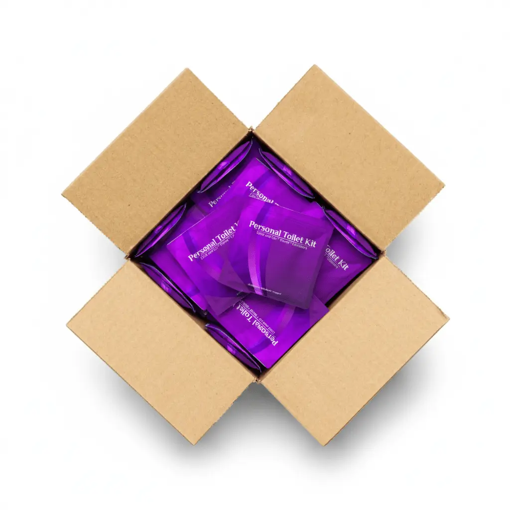 Case of the Purple Toilet Kits – a compact, travel-ready hygiene pack for personal cleanliness and comfort on the go, featuring a sleek purple design.