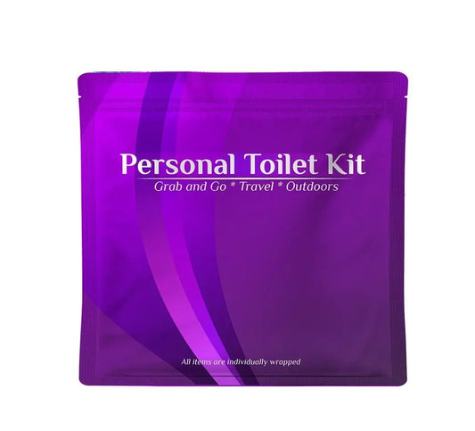 Front view of the Purple Toilet Kit – a compact, travel-ready hygiene pack for personal cleanliness and comfort on the go, featuring a sleek purple design.